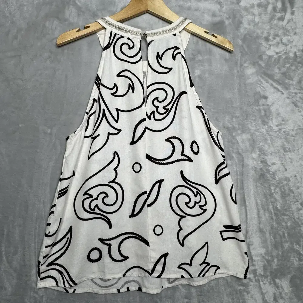 Rich & Famous Tank Top Womens Medium White Brown Paisley Halter Beaded Trim - Picture 2 of 7